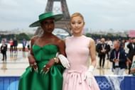 Cynthia Erivo and Ariana Grande attend the red carpet at the Olympic Games Paris Opening Ceremony. Source: Getty